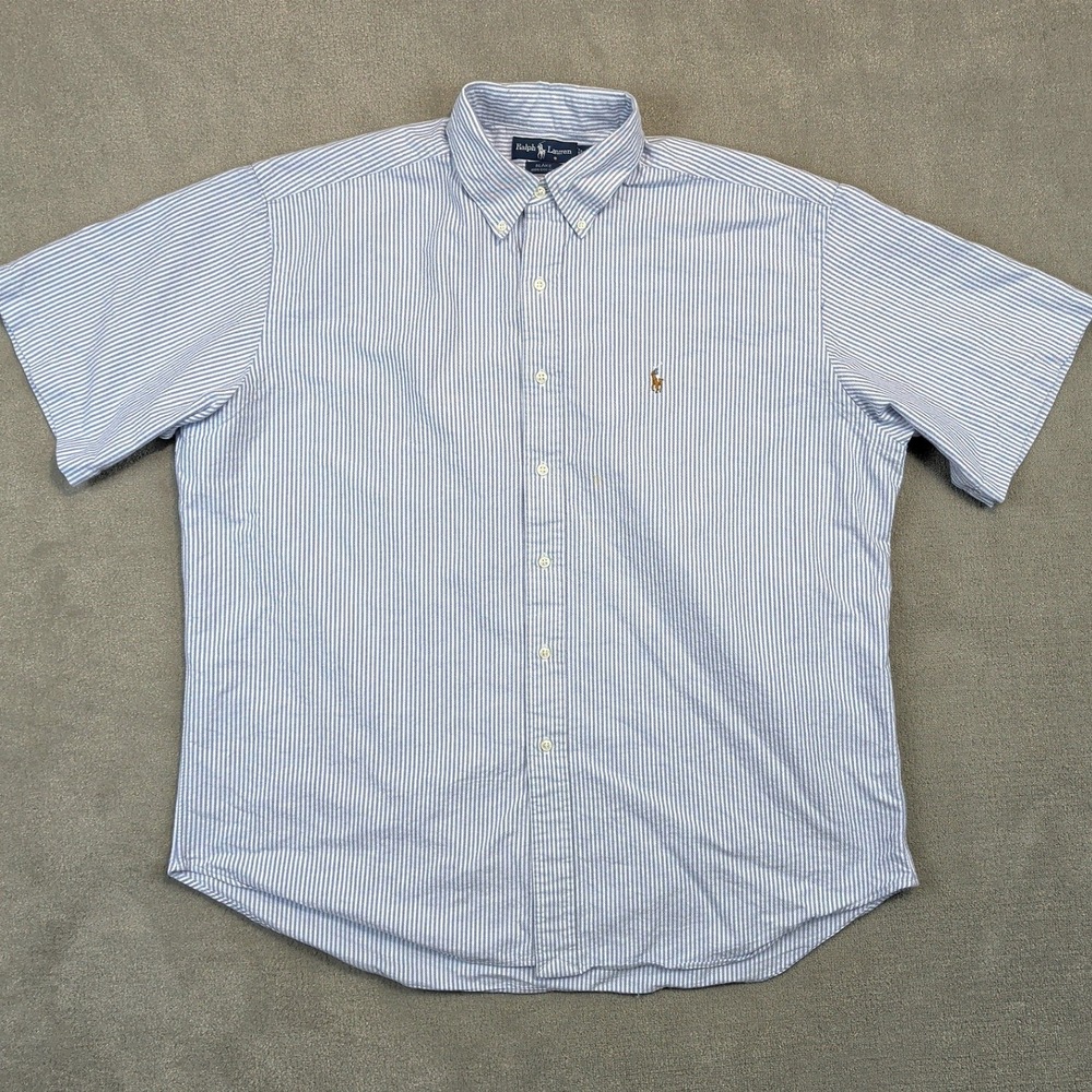 Ralph Lauren Blake Shirt Mens XL Blue White Pinstripe Short Sleeve Flesh Pony